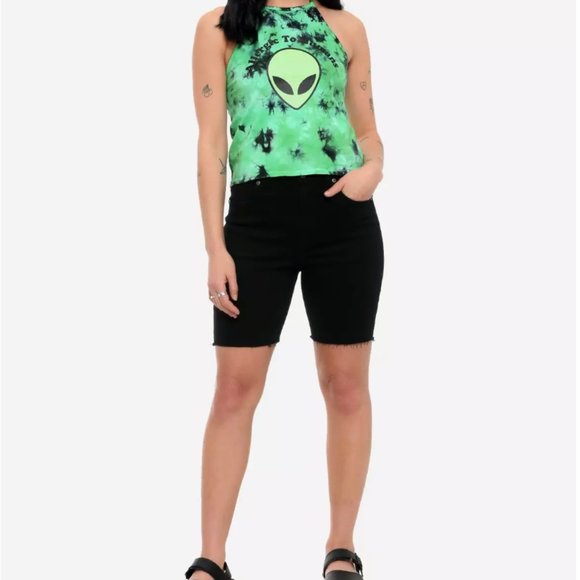 Hot Topic Alien Tie-Dye Halter Top Womens M Green Allergic To Humans Rave Kawaii - Picture 11 of 12
